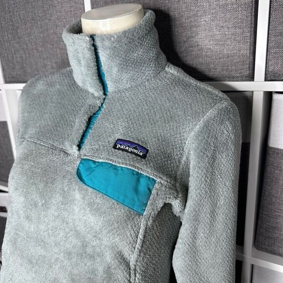Patagonia Re-Tool Snap T Fleece Pullover Gray Teal Quarter Snap Kangaroo Pocket - Picture 2 of 13